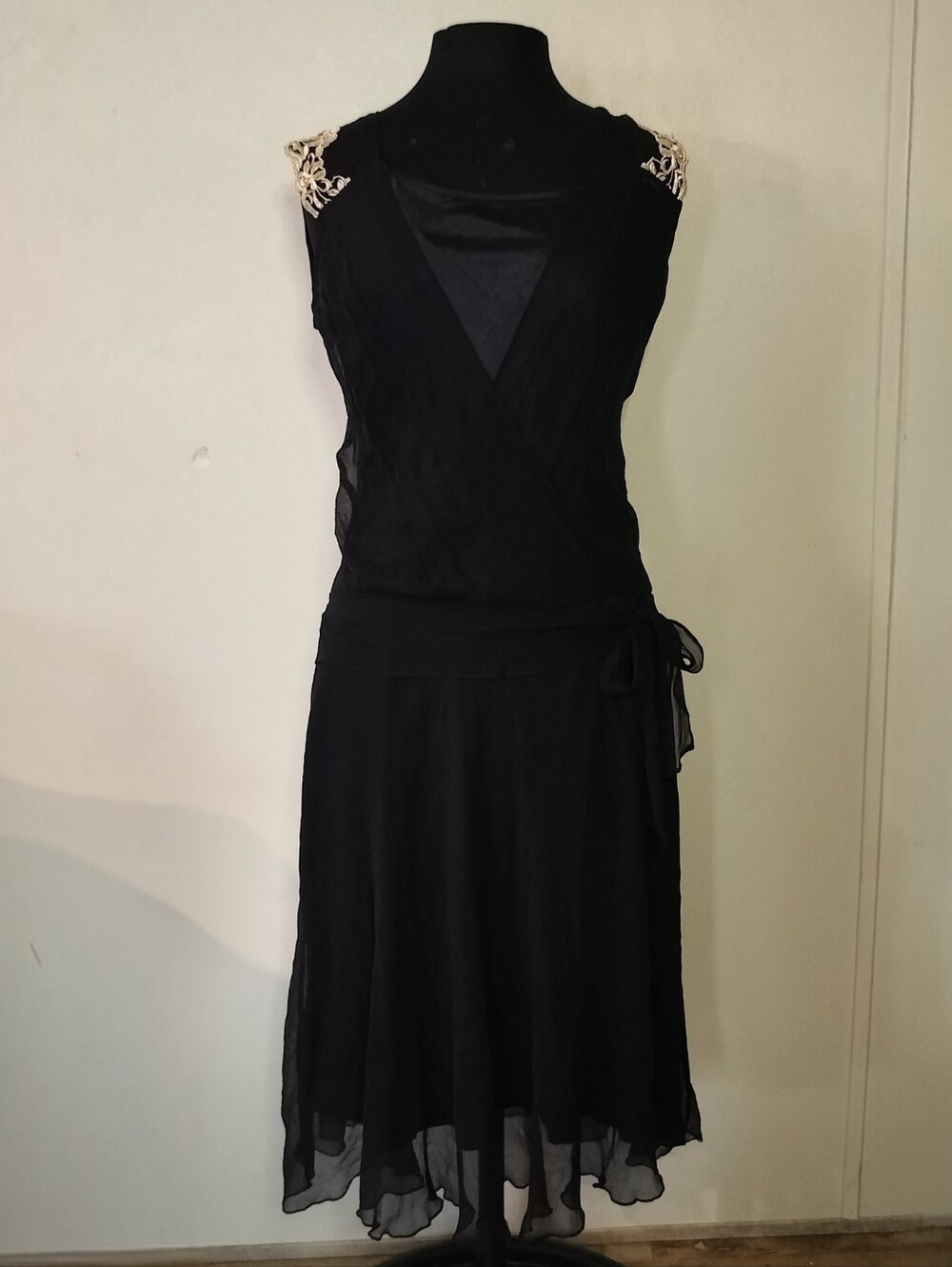 jonathan martin Black Chiffon Midi Dress with Gold Shoulder Appliqué